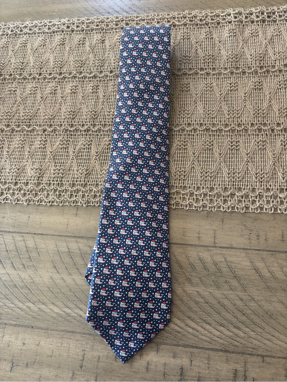 Vineyard Vines Navy Silk holiday Tie with Red & White Whale Pattern